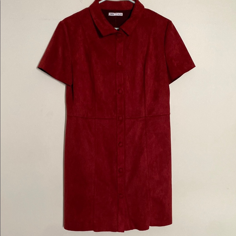 Zara Red Faux Suede Mini Shift Dress with Peter Pan Collar